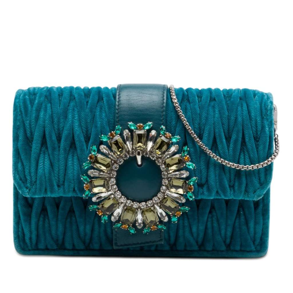 Miu Miu Matelasse Velvet Crystal Embellished Crossbody Blue Very good condition - Front View