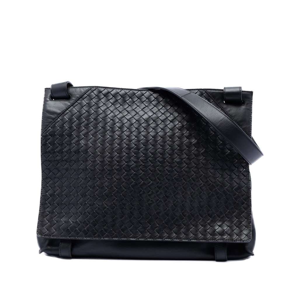 Bottega Veneta Intrecciato Trimmed Nappa Messenger Bag Black Leather Very good condition - Front View