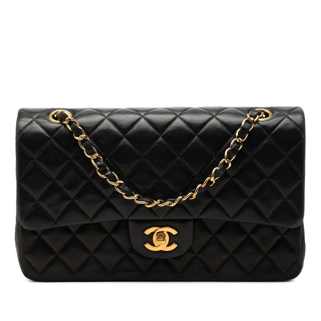 Chanel Medium Classic Lambskin Double Flap Black Leather Very good - Front View
