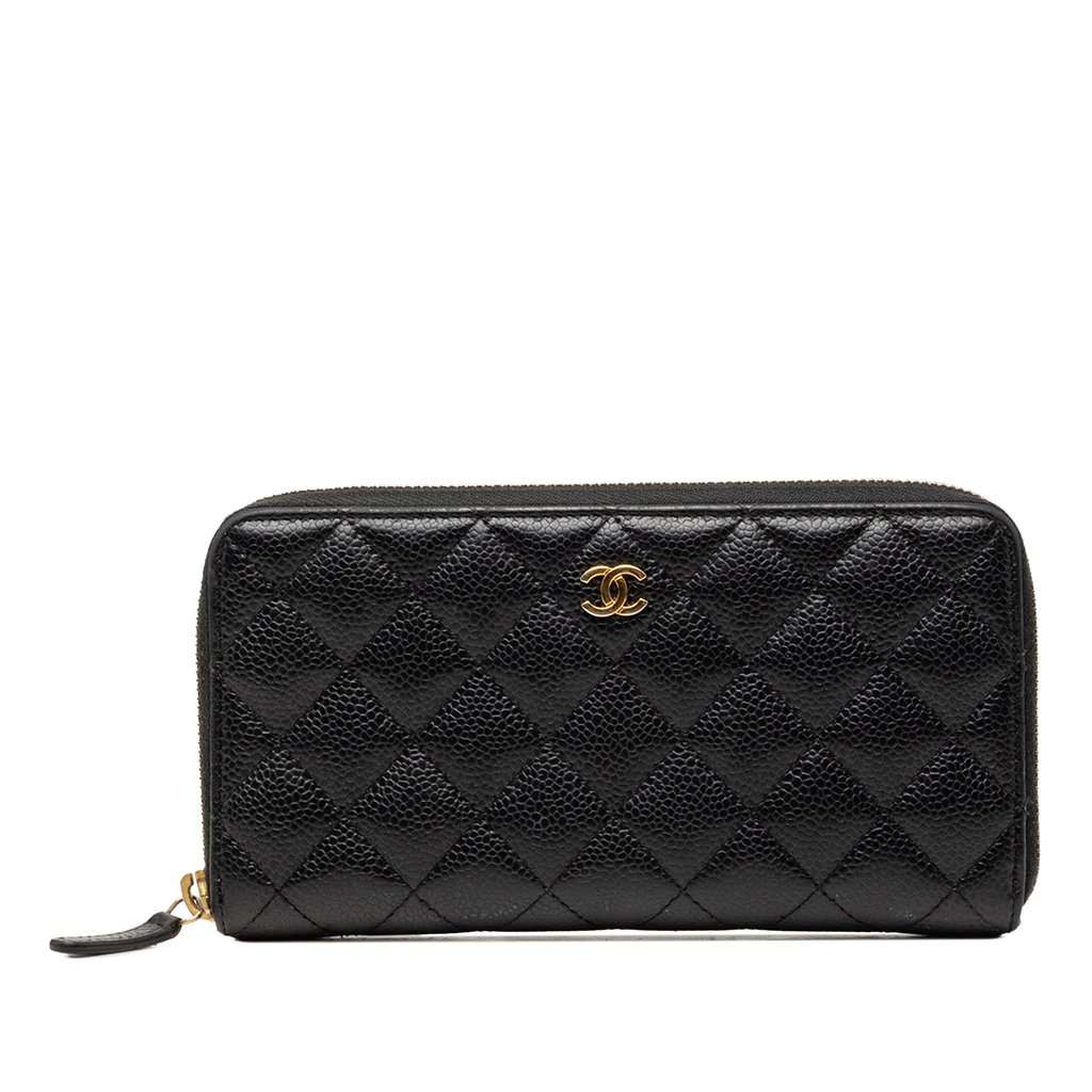 Chanel CC Quilted Caviar Zip Around Long Wallet Black Leather Very good condition - Front View