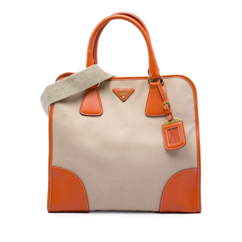 Prada Saffiano Trimmed Canvas Canapa Satchel Beige Very good - Front View