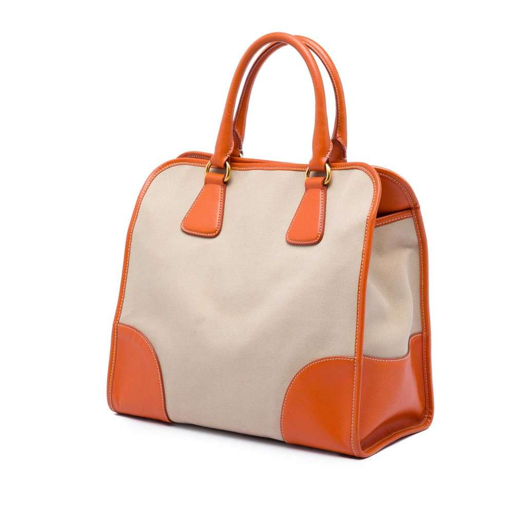 Prada Saffiano Trimmed Canvas Canapa Satchel Beige Very good - Back View