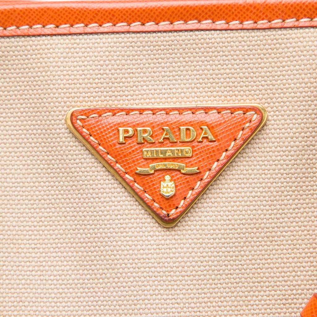 Prada Saffiano Trimmed Canvas Canapa Satchel Beige Very good - Box View