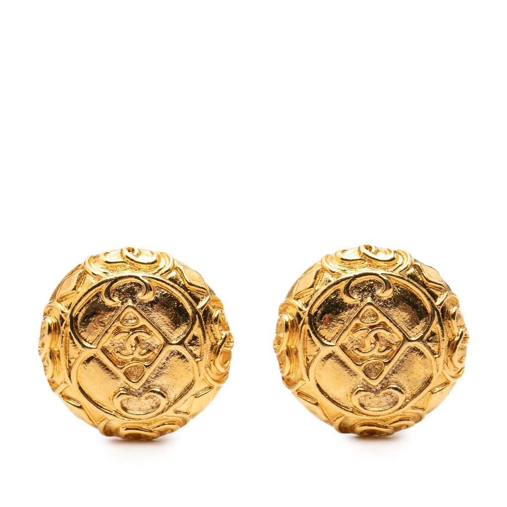 Chanel CC Gold Plated Round Clip On Earrings Gold Metal Very good condition - Front View
