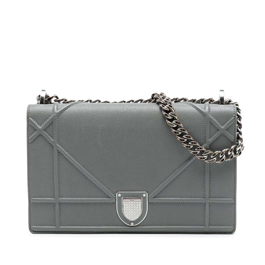 Dior Medium Grained Calfskin Diorama Flap Grey Leather Good - Front View