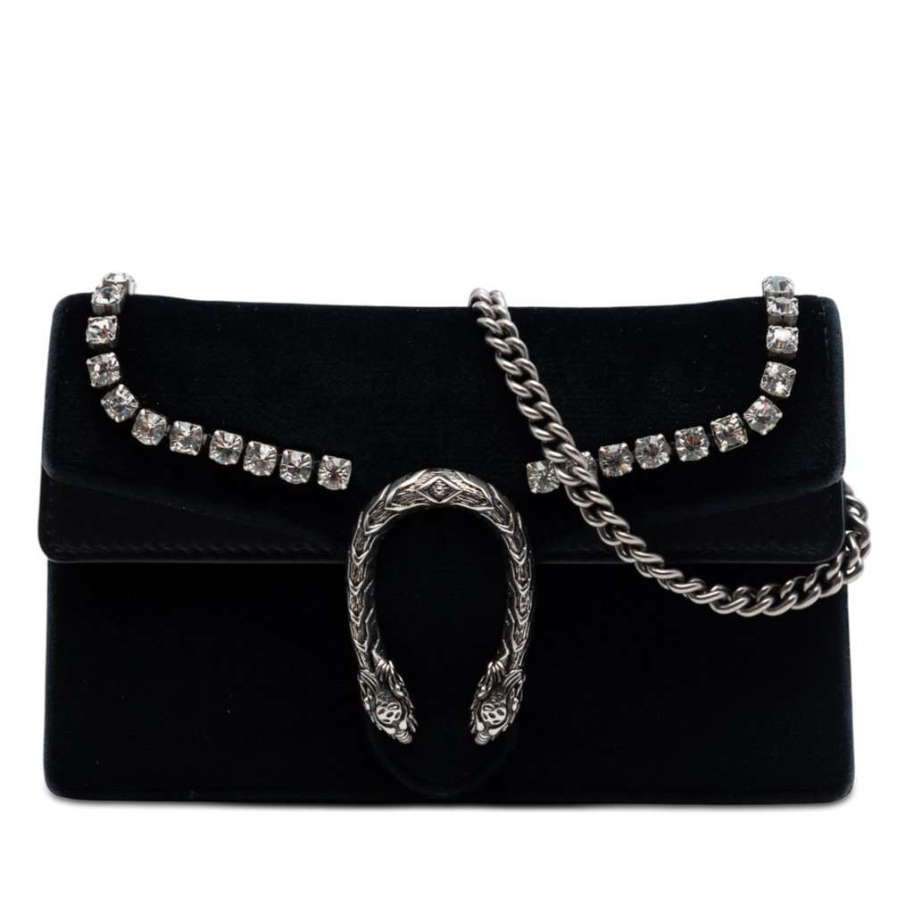Gucci Mini Crystal Embellished Velvet Dionysus Crossbody Black Very good condition - Front View
