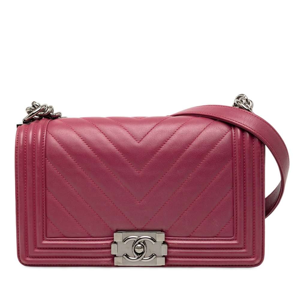 Chanel Old Medium Chevron Lambskin Boy Flap Pink Leather Very good - Front View