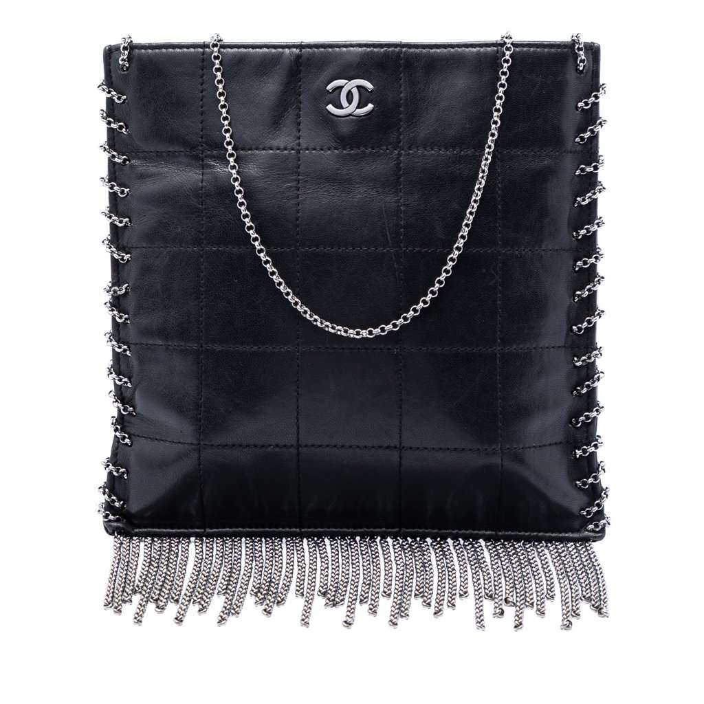 Chanel CC Choco Bar Lambskin Chain Fringe Crossbody Black Leather Very good condition - Front View