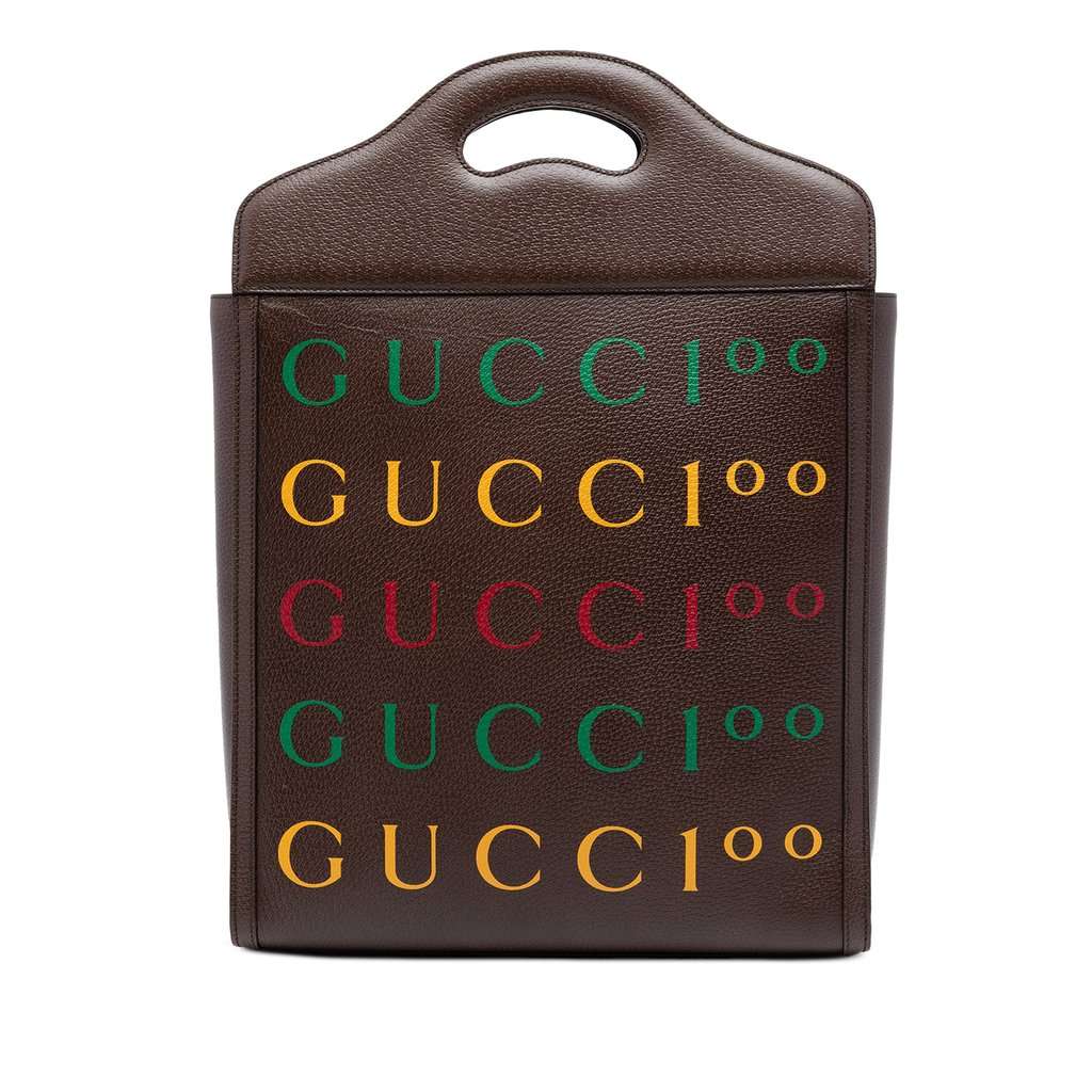 Gucci 100th Anniversary Textured Calfskin Logo Convertible Tote Brown Leather Very good condition - Front View