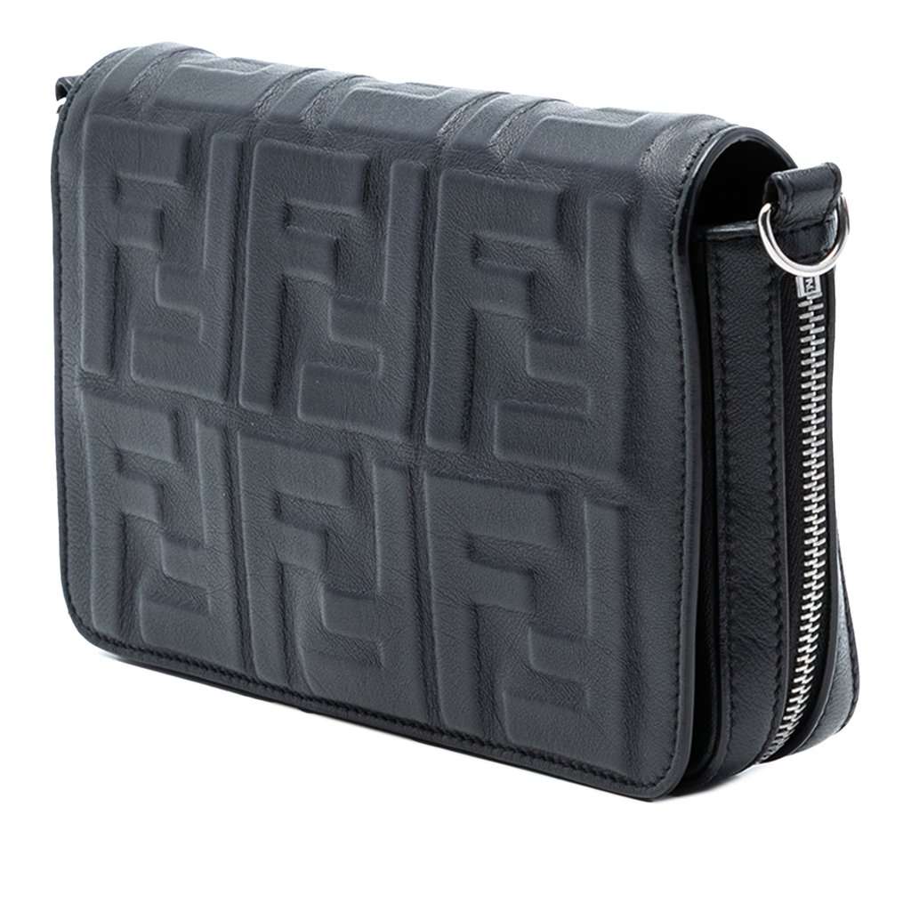Fendi Mini Zucca Embossed Nappa Expandable Flap Crossbody Black Leather Very good condition - Back View