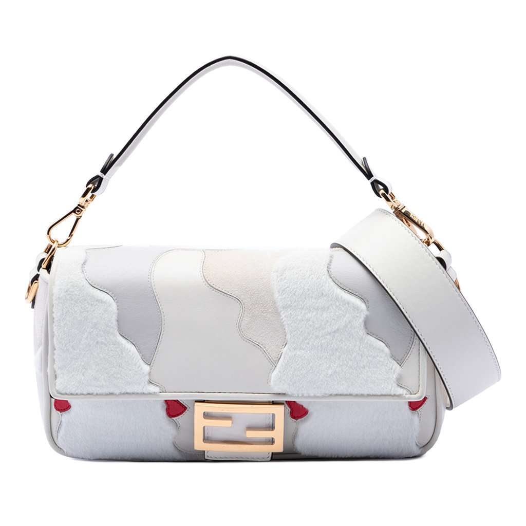 Fendi Nappa and Mink Fur Faces Baguette Satchel Silver Leather Very good condition - Front View