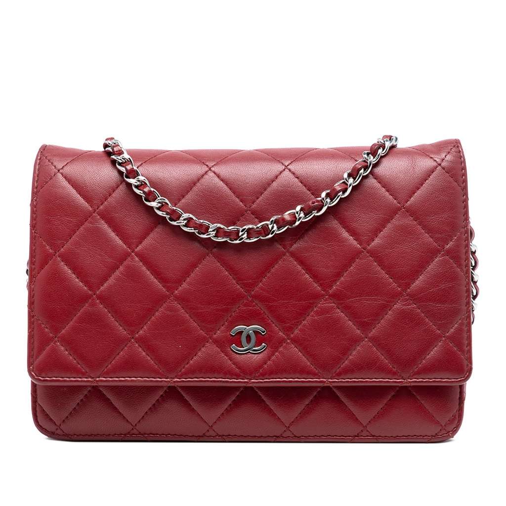 Chanel CC Quilted Lambskin Wallet on Chain Red Leather Very good - Front View