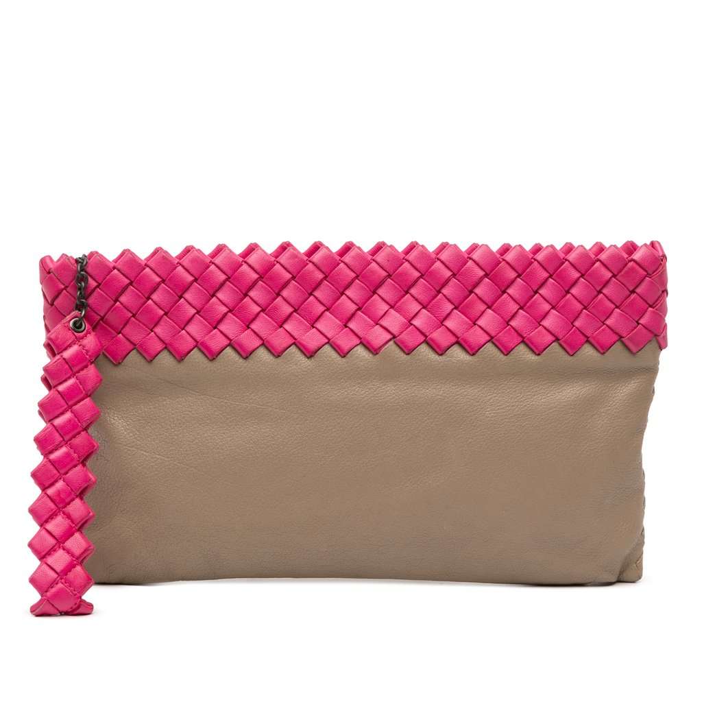 Bottega Veneta Intrecciato Trimmed Bicolor Nappa Clutch Beige Leather Very good - Front View
