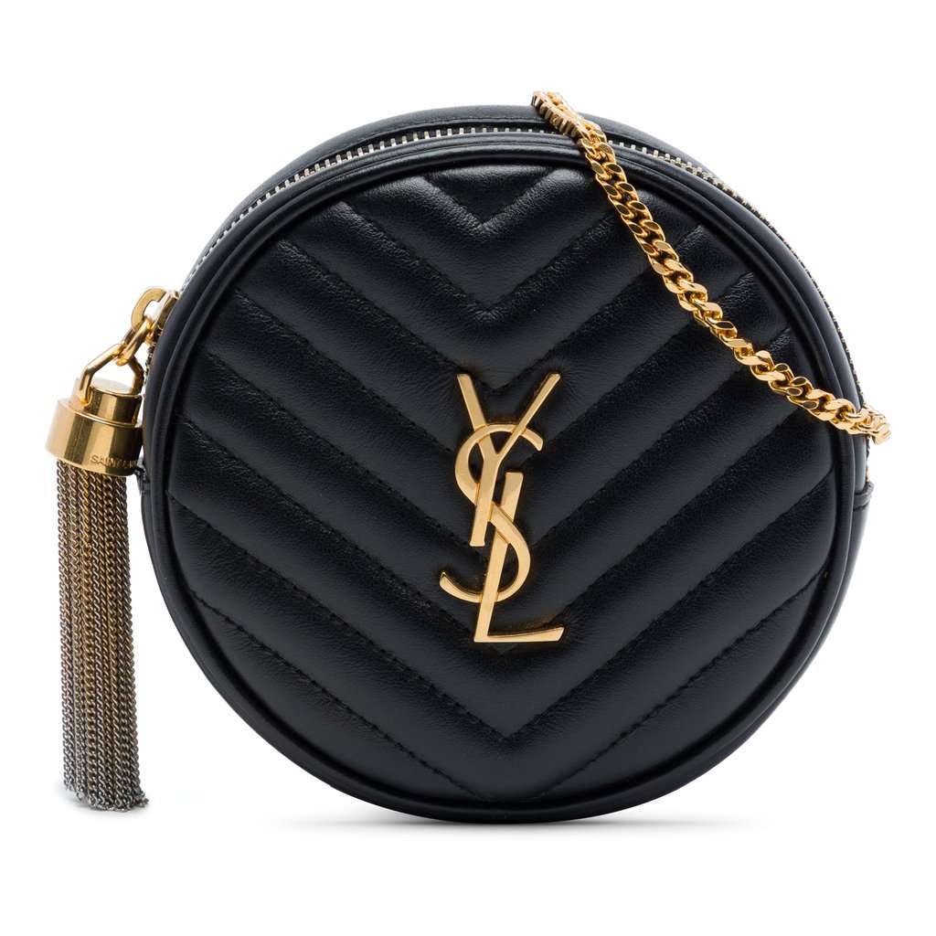 Saint Laurent Baby Chevron Calfskin Round Vinyle Belt Bag Black Leather Very good condition - Front View