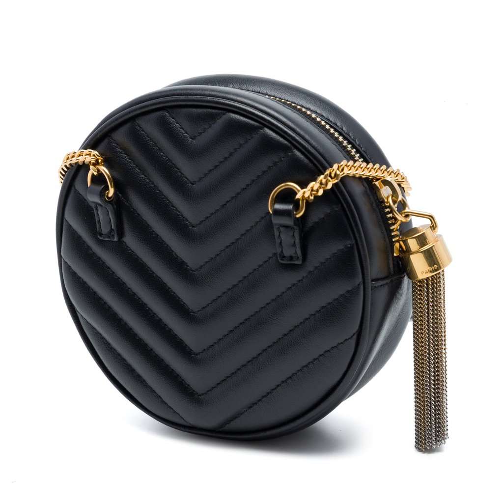 Saint Laurent Baby Chevron Calfskin Round Vinyle Belt Bag Black Leather Very good condition - Back View