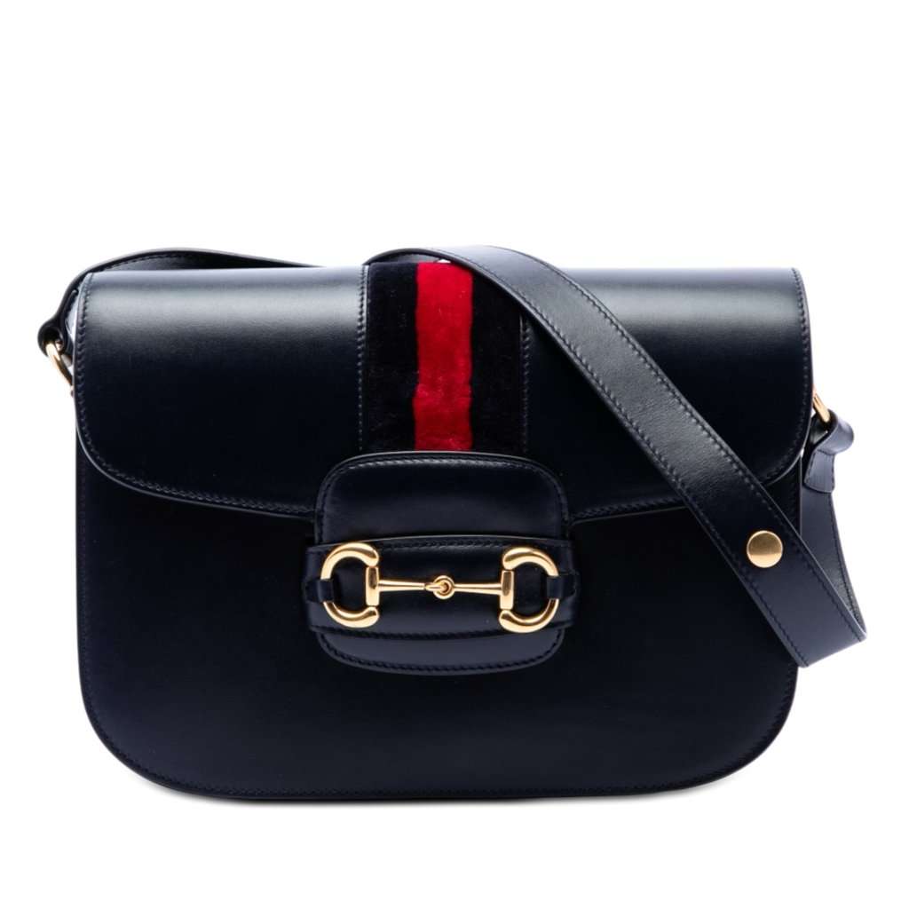 Gucci Medium Leather Web 1955 Horsebit Shoulder Bag Blue Leather Very good condition - Front View