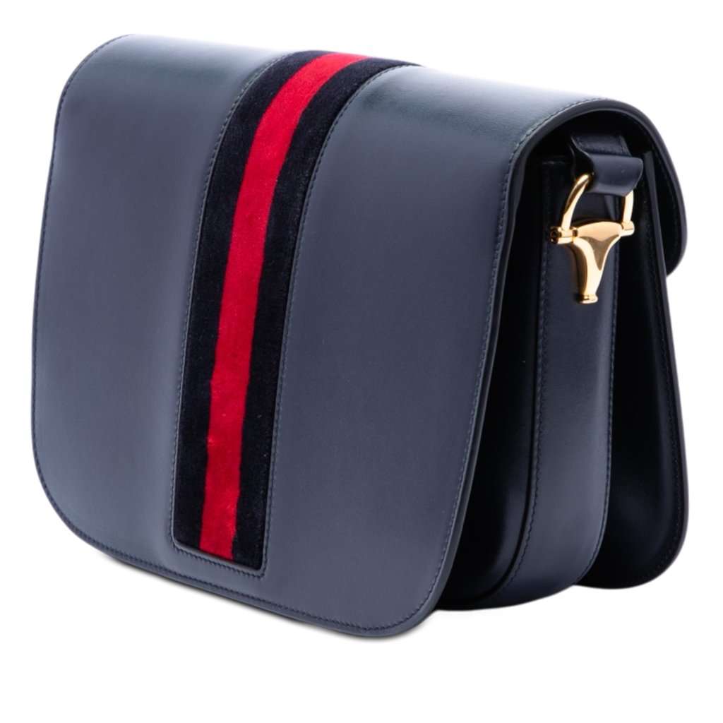 Gucci Medium Leather Web 1955 Horsebit Shoulder Bag Blue Leather Very good condition - Back View