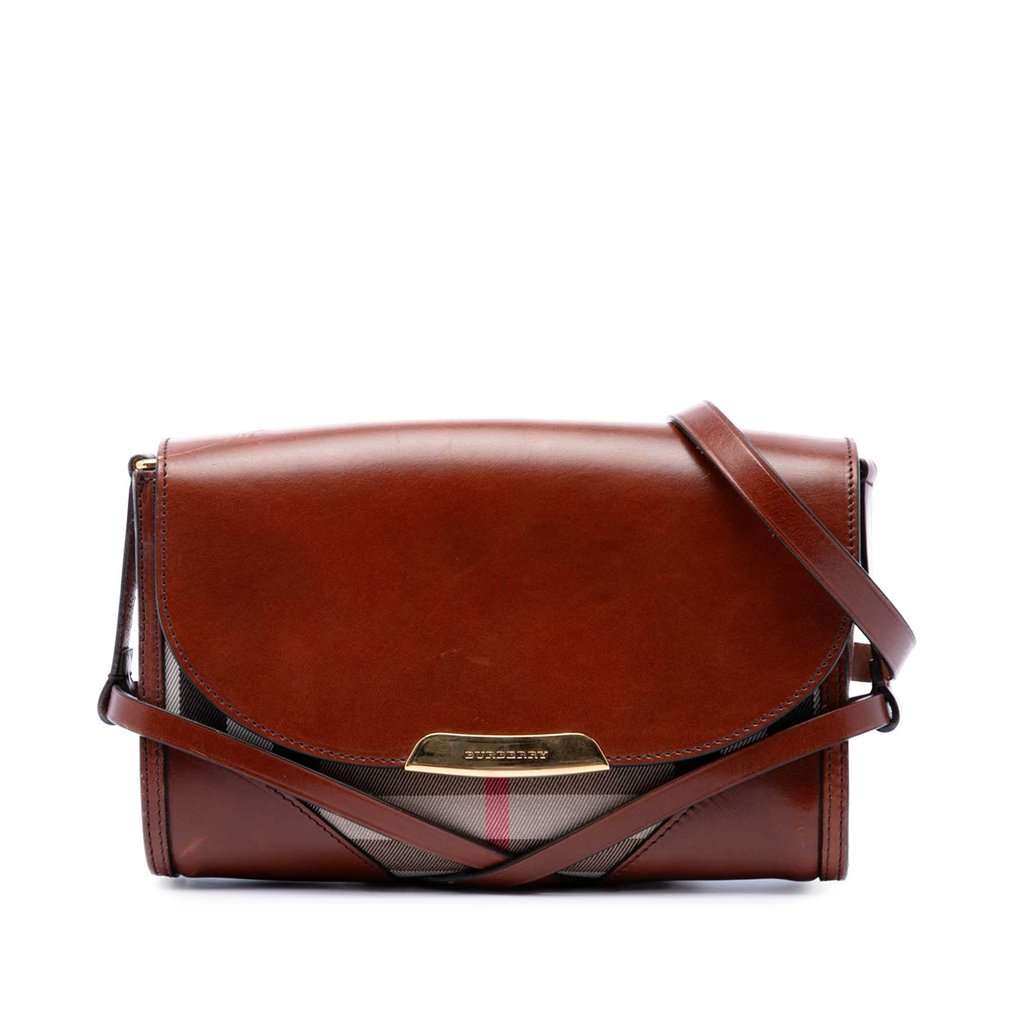 Burberry Leather and House Check Canvas Bridle Abbott Crossbody Brown Leather Very good - Front View