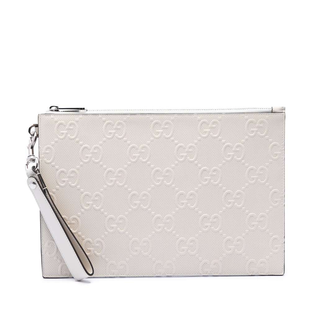 Gucci GG Embossed Perforated Calfskin Wristlet Clutch White Leather Very good - Front View