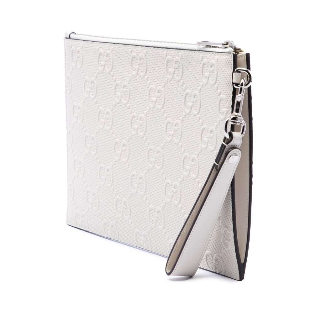 Gucci GG Embossed Perforated Calfskin Wristlet Clutch White Leather Very good - Back View