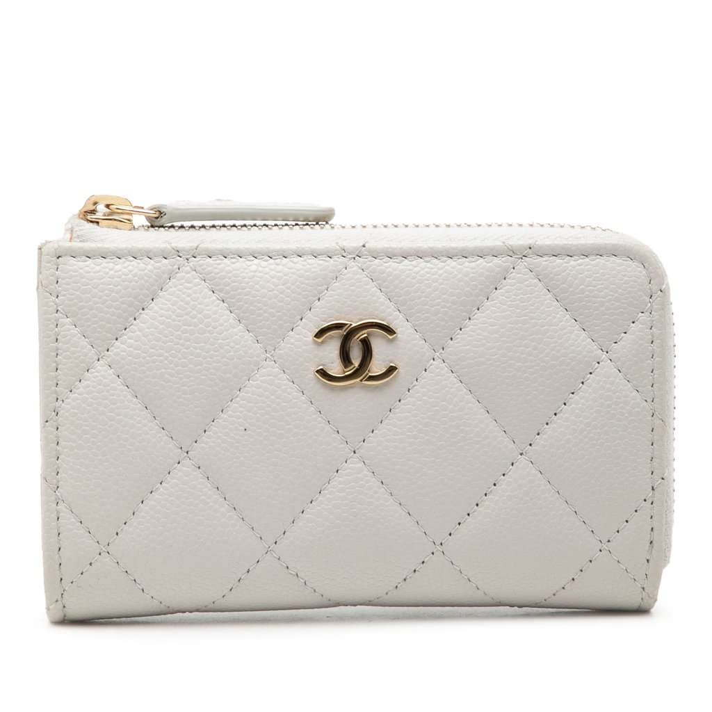Chanel CC Quilted Caviar Zip Around Card Holder White Leather Very good condition - Front View