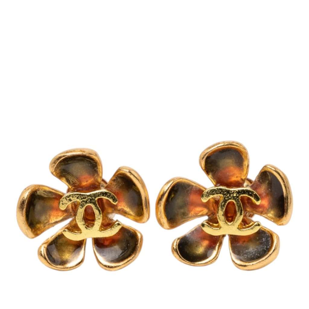 Chanel CC Gold Plated Resin Flower Earrings Gold Metal Very good condition - Front View