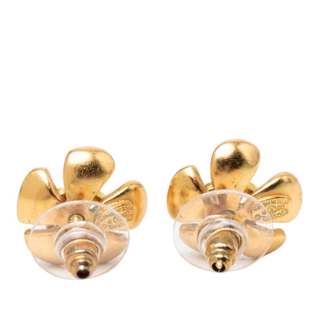 Chanel CC Gold Plated Resin Flower Earrings Gold Metal Very good condition - Back View