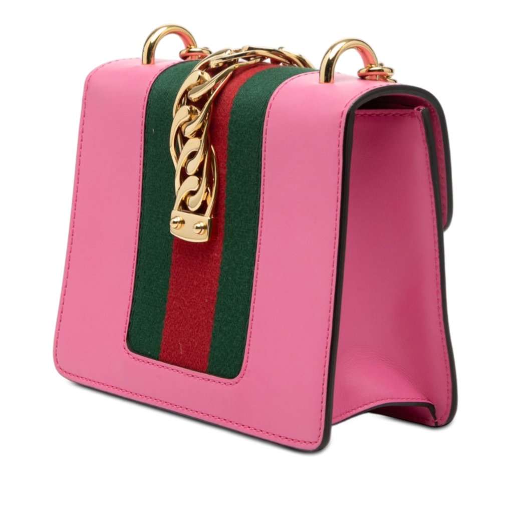 Gucci Mini Calfskin Web Sylvie Chain Crossbody Pink Leather Very good condition - Back View
