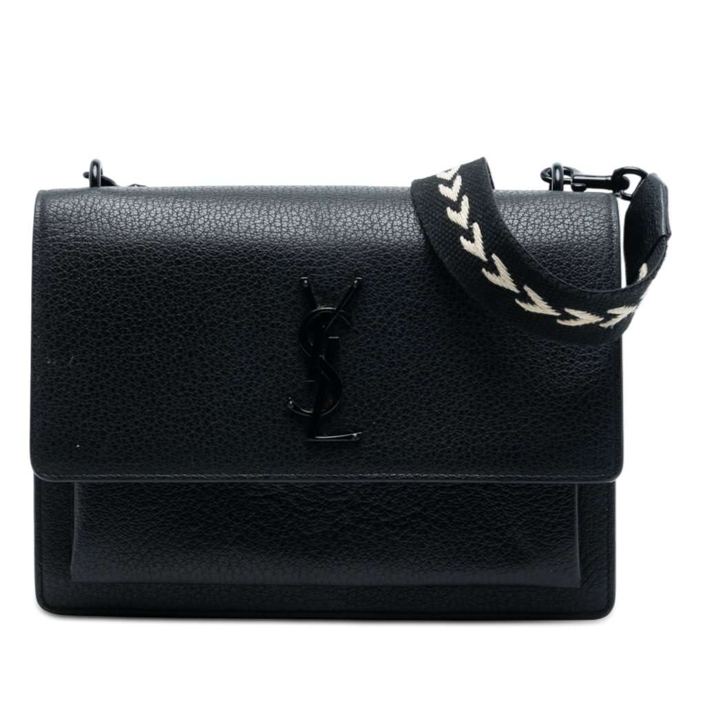 Saint Laurent Medium Grained Calfskin Guitar Strap Monogram Sunset Crossbody Black Leather Very good condition - Front View