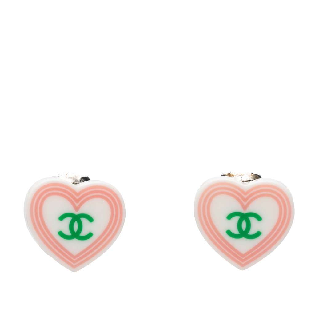 Chanel CC Resin Heart Clip On Earrings White Plastic Very good condition - Front View