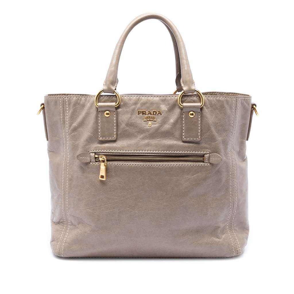 Prada Vitello Shine Front Pocket Convertible Tote Brown Leather Very good condition - Front View