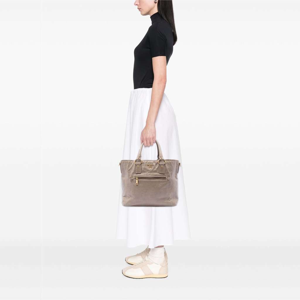 Prada Vitello Shine Front Pocket Convertible Tote Brown Leather Very good condition - Box View