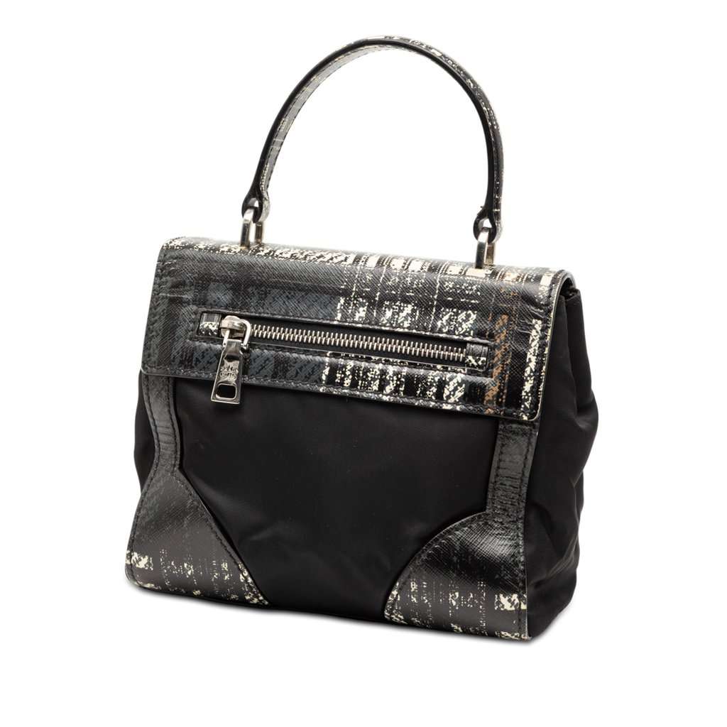 Prada Tartan Saffiano Trimmed Tessuto Satchel Black Very good condition - Back View