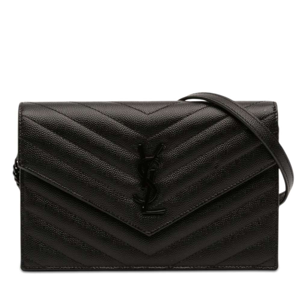 Saint Laurent Grain De Poudre Cassandre Monochrome Envelope Chain Wallet Black Leather Very good - Front View