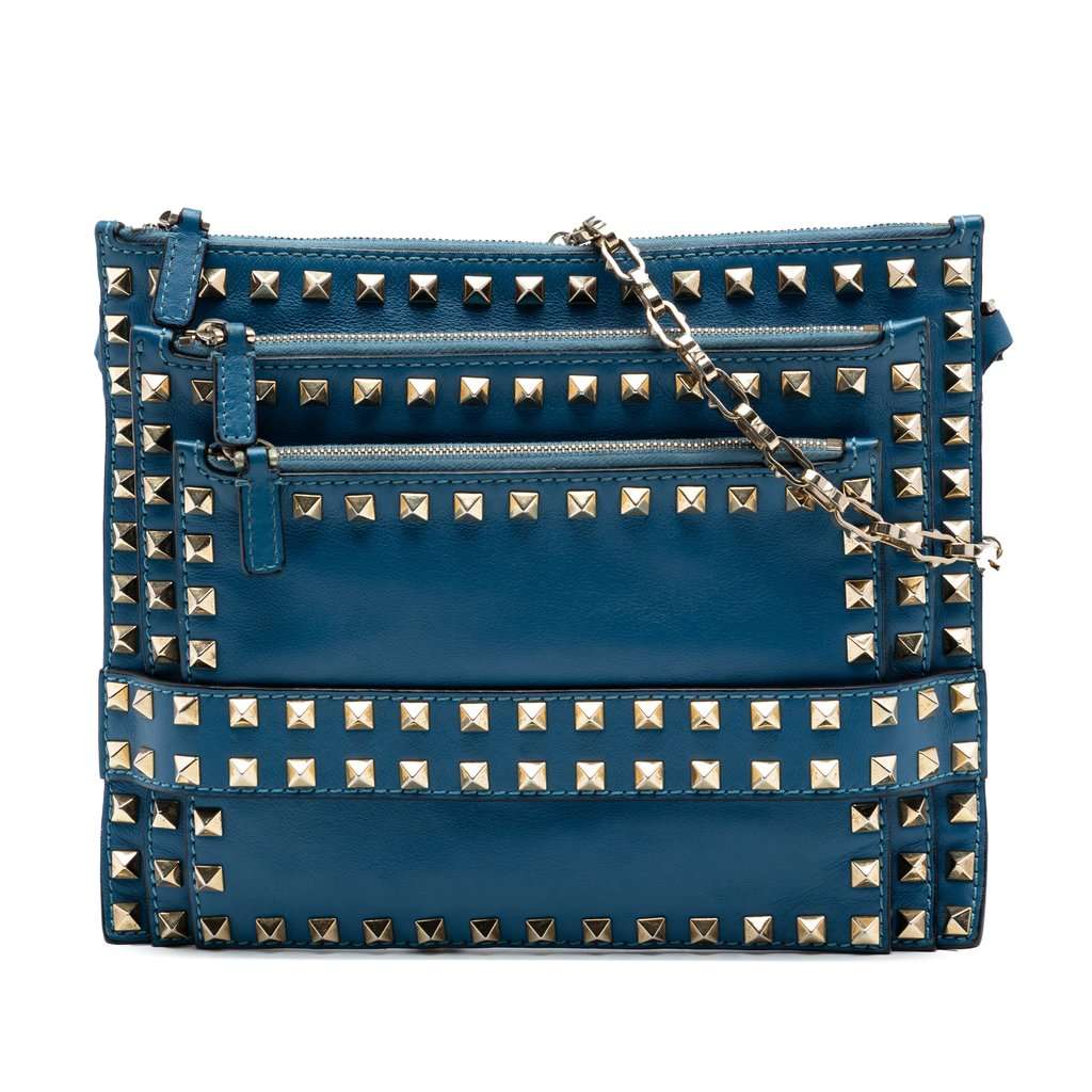 Valentino Leather Rockstud Triple Zip Crossbody Blue Leather Very good - Front View
