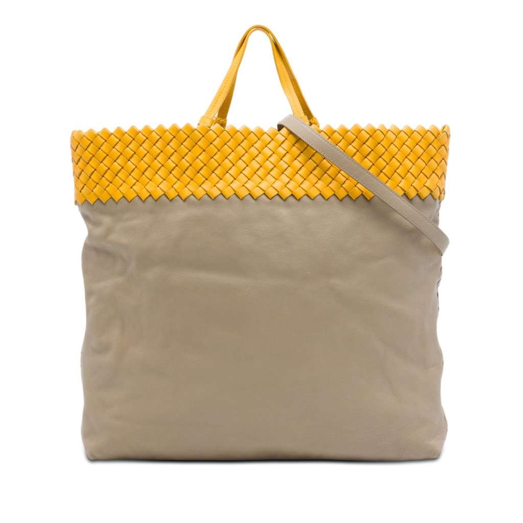 Bottega Veneta Intrecciato Trimmed Bicolor Nappa Satchel Beige Leather Very good - Front View