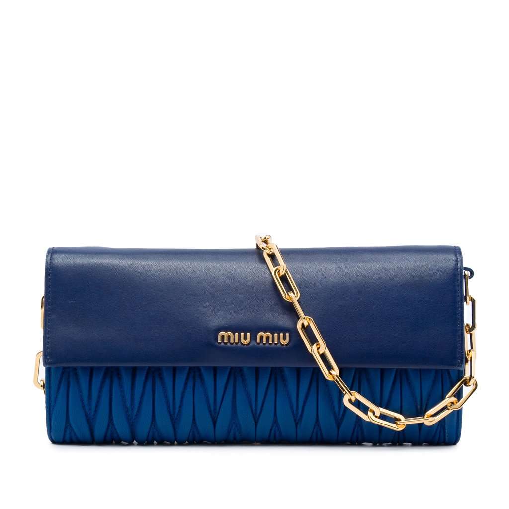 Miu Miu Matelasse Nappa Wallet on Chain Blue Leather Very good - Front View