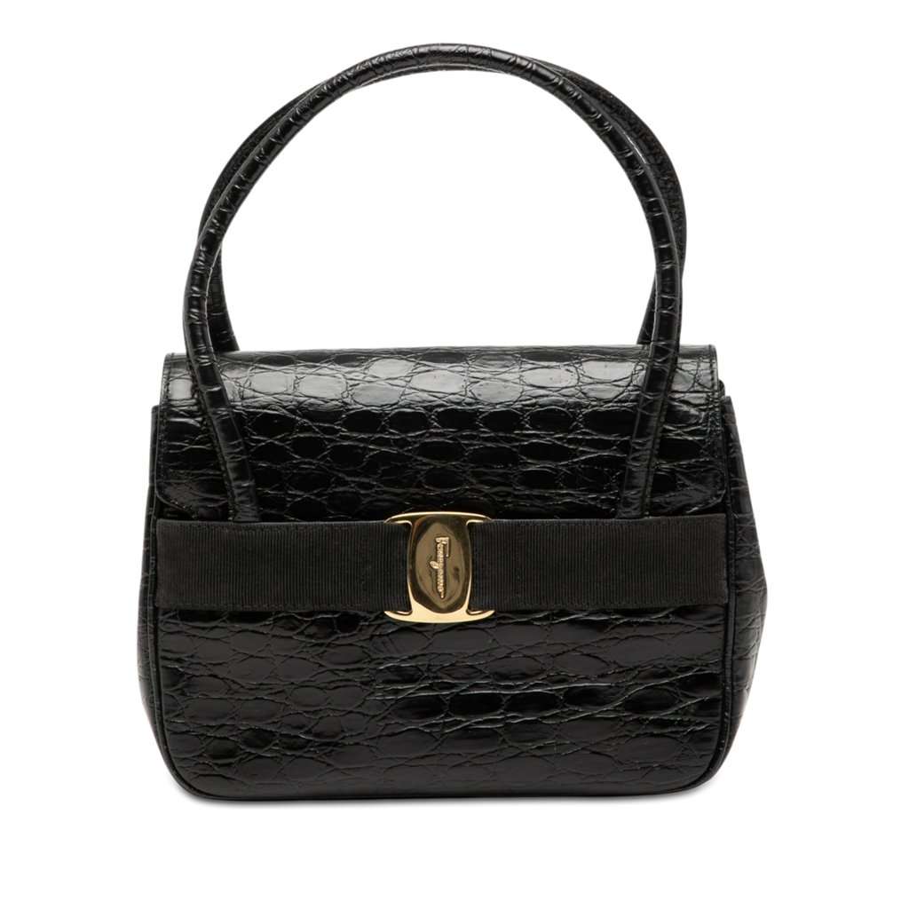 Salvatore Ferragamo Croc Embossed Vara Bow Top Handle Bag Black Leather Very good condition - Front View