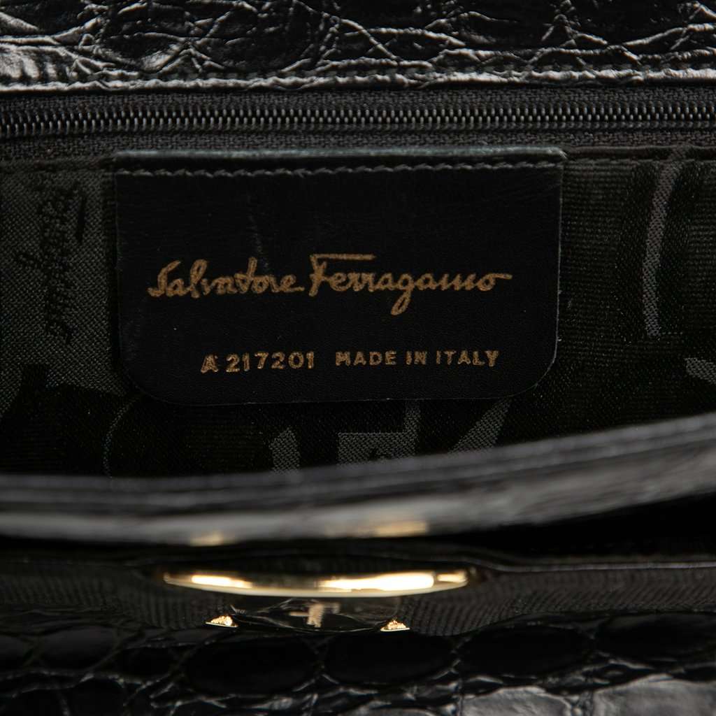 Salvatore Ferragamo Croc Embossed Vara Bow Top Handle Bag Black Leather Very good condition - Box View