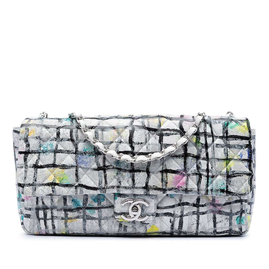 Chanel Medium Calfskin Hand Painted Graffiti Flap White Leather Very good condition - Front View