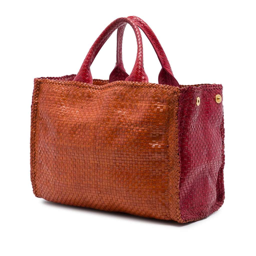 Prada Medium Bicolor Woven Goatskin Madras Shopping Tote Orange Leather Good - Back View