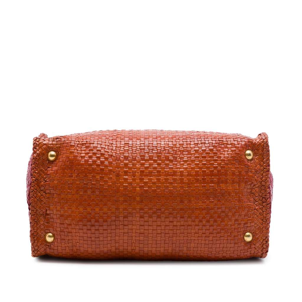 Prada Medium Bicolor Woven Goatskin Madras Shopping Tote Orange Leather Good - Inside View