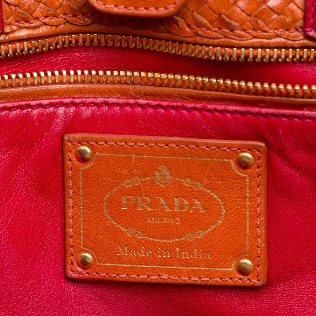 Prada Medium Bicolor Woven Goatskin Madras Shopping Tote Orange Leather Good - Box View