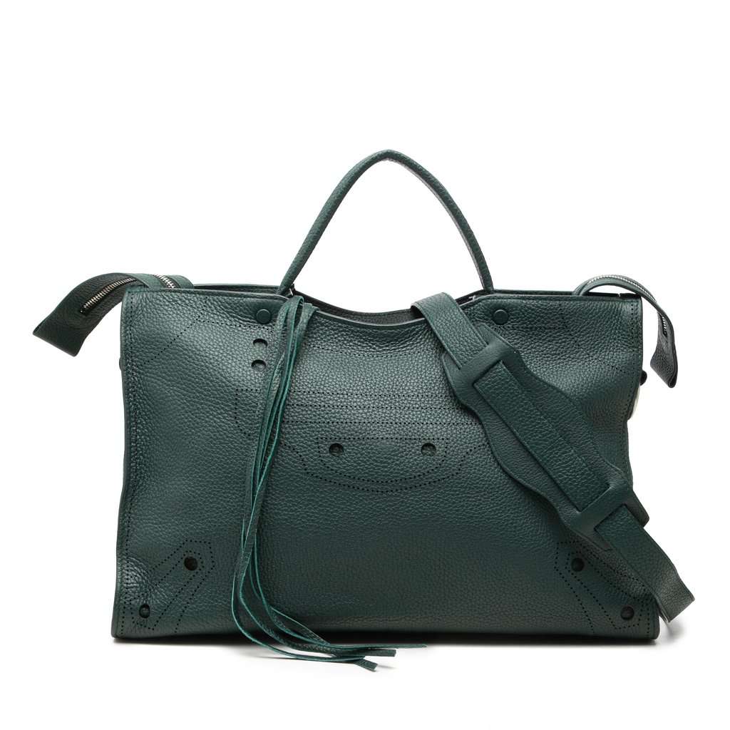 Balenciaga Calfskin Motocross Blackout City Satchel Green Leather Very good - Front View