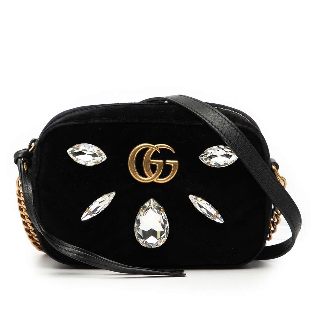 Gucci Mini GG Marmont Crystal Embellished Matelasse Velvet Crossbody Black Very good condition - Front View