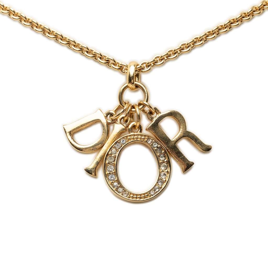 Dior Gold Plated Strass Logo Pendant Necklace Gold Metal Very good - Back View