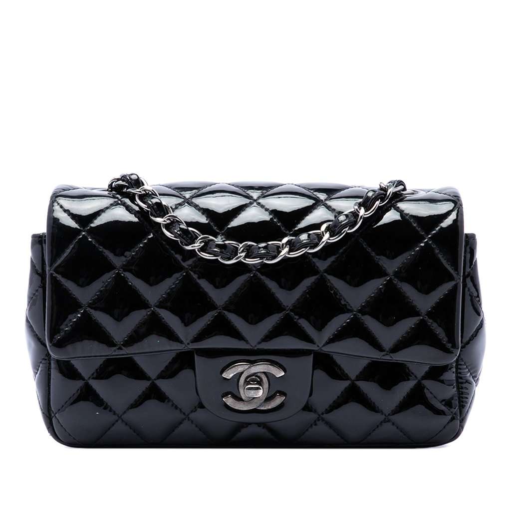 Chanel Mini Rectangular Classic Patent Single Flap Black Leather Very good - Front View