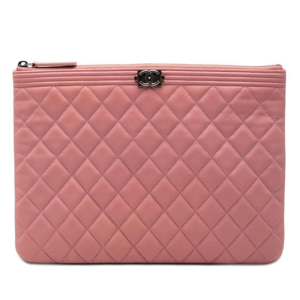 Chanel Medium Quilted Lambskin Boy O Case Clutch Pink Leather Very good condition - Front View