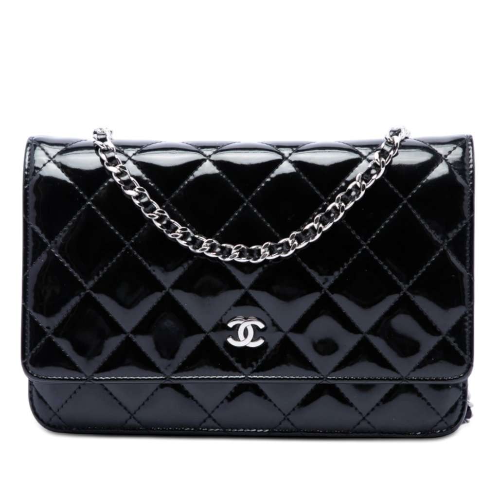 Chanel CC Quilted Patent Wallet On Chain Black Leather Very good condition - Front View