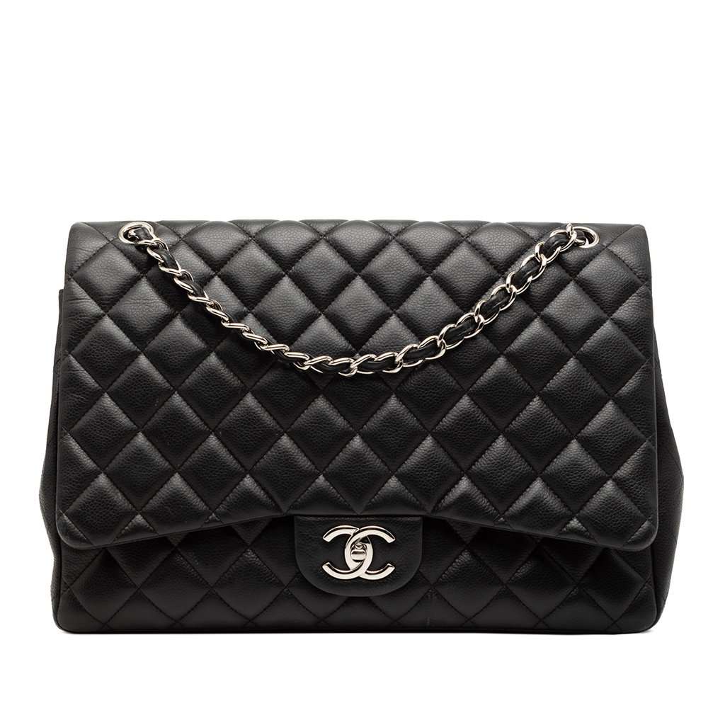 Chanel Maxi Classic Caviar Double Flap Black Leather Very good - Front View